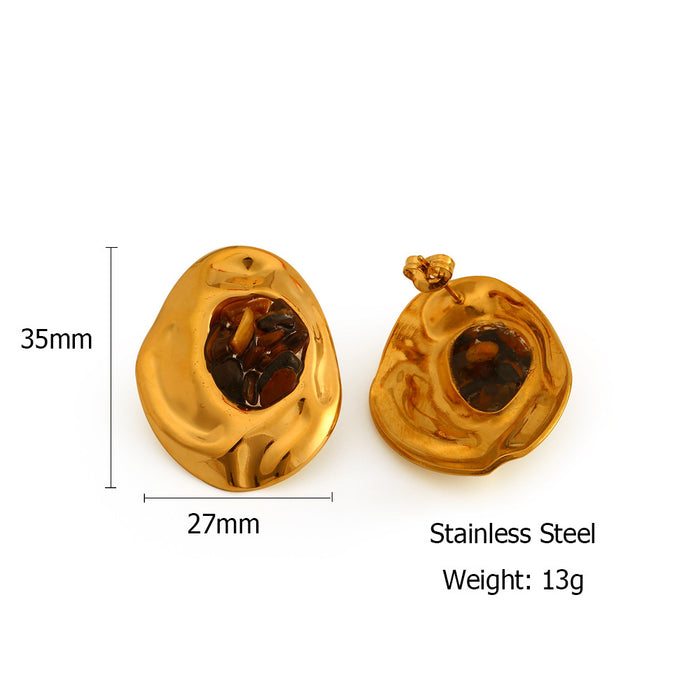 Wholesale Fashionable irregular stainless steel earrings inlaid with natural crushed stone temperament earrings color preservation wholesale