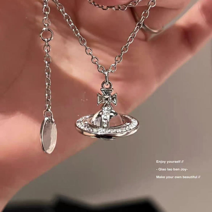 Wholesale Saturn necklace titanium steel non fading transparent crystal planet pendant collarbone chain light luxury niche