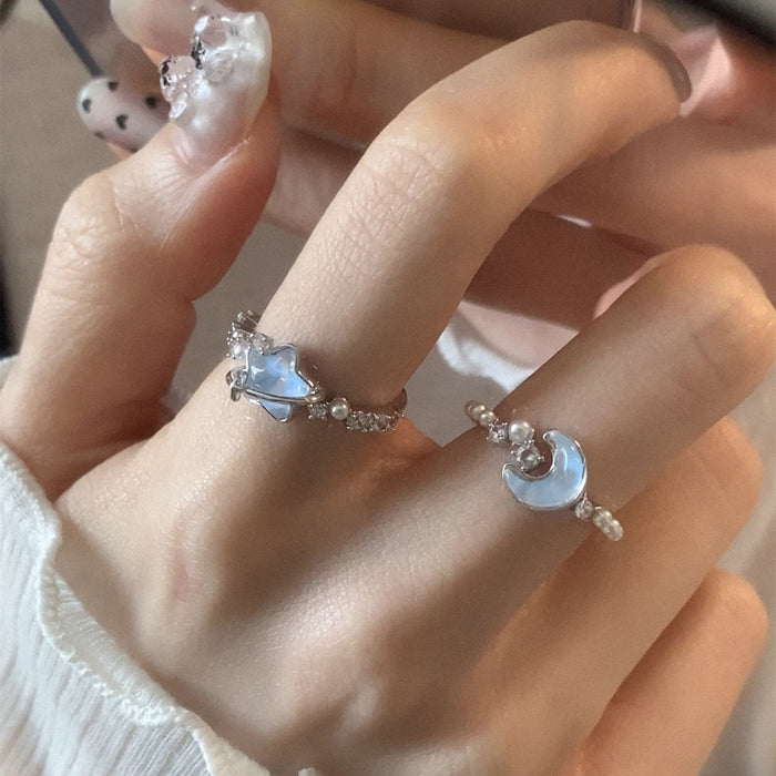 Wholesale Star Moon Ring Clear and Cool, niche design, high-end, index finger ring with adjustable opening