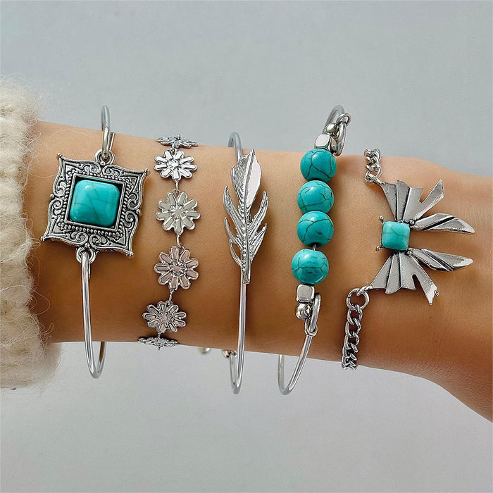 Wholesale Women S Silver Boho Turquoise Leaf Bow Bracelet Jewelry Accessory Gift