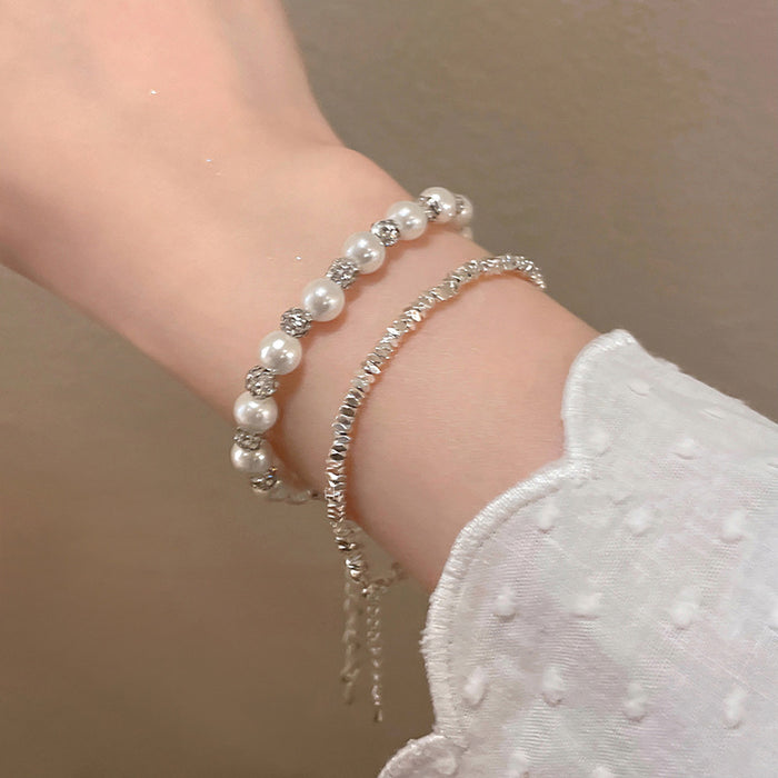 Wholesale Titanium Steel Pearl Crushed Silver Beaded Bracelet Simple for Women