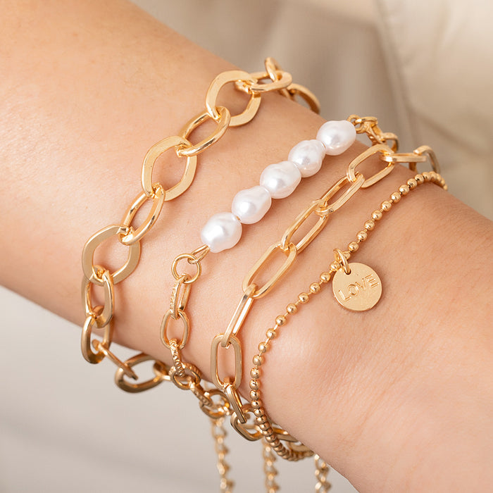 Wholesale Pearl Gold Medal LOVE Large Chain Multi-layer Adjustable 3-piece Alloy Bracelet JDC-BT-KeR007