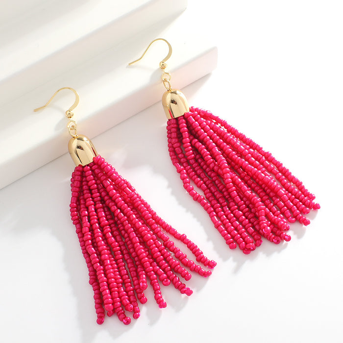 Wholesale Retro ethnic style handmade beaded earrings women' s elegant all-match Bohemian colorful tassel rice beads earrings
