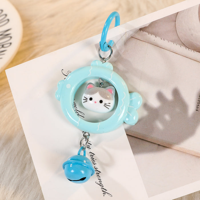Wholesale Cartoon Cat Eating Fish 3D Keychain With Bell Blue Plastic Key Ring Fashion Bag Charm Accessory