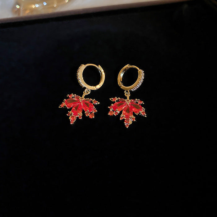 Wholesale Earrings Alloy Pearl Zircon Red Maple Leaf Double Layer JDC-ES-BY344