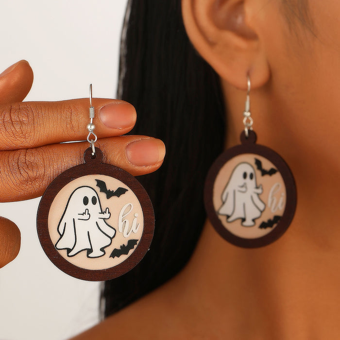 Wholesale Wooden Round Drop Earrings Castle Pumpkin Ghost Wizard Halloween Earrings