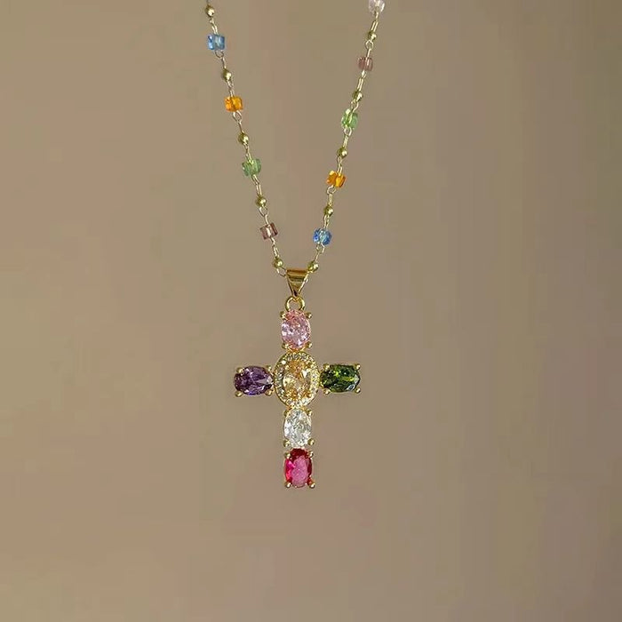 Wholesale Colorful cross, contrasting crystal necklace, niche design, temperament, super sparkling zirconia lock chain