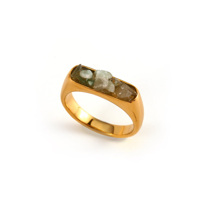Wholesale Original design: Gold stainless steel inlaid with natural crushed stone ring, fashionable and trendy, multi colored jewelry wholesale