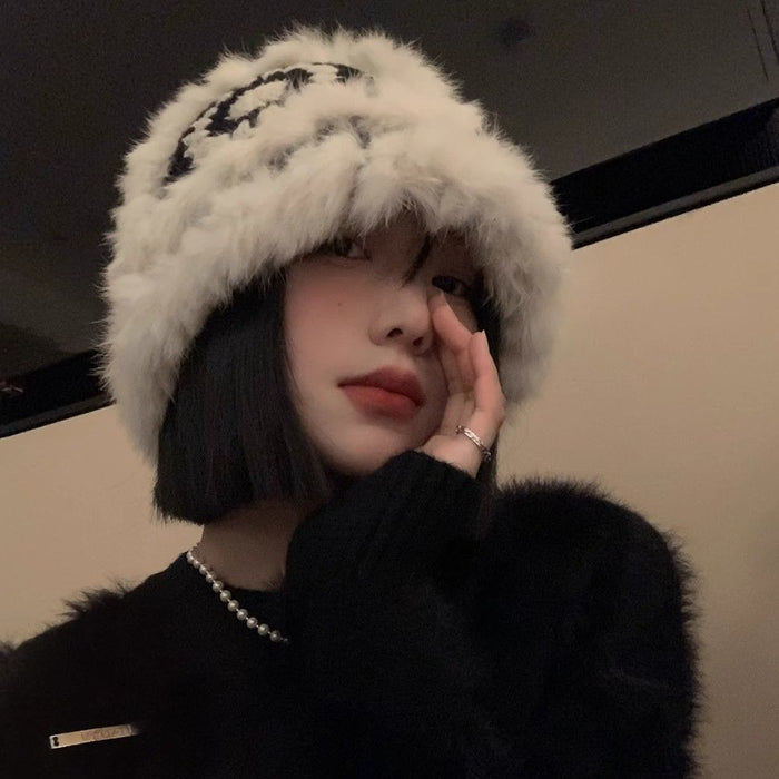 Wholesale Rabbit hair knitted plush hat for women in autumn and winter, new furry lion awakening fisherman hat, face enhancing small woolen hat