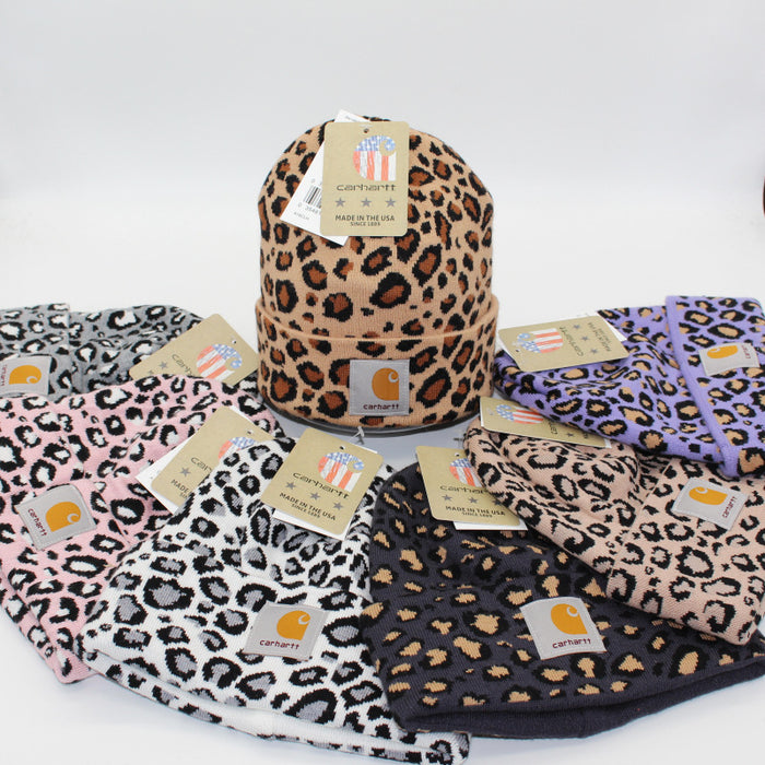 Wholesale Leopard Jacquard Fabric Label Wool Double Layer Folded Hem Knitted Hat JDC-FH-QingCL005