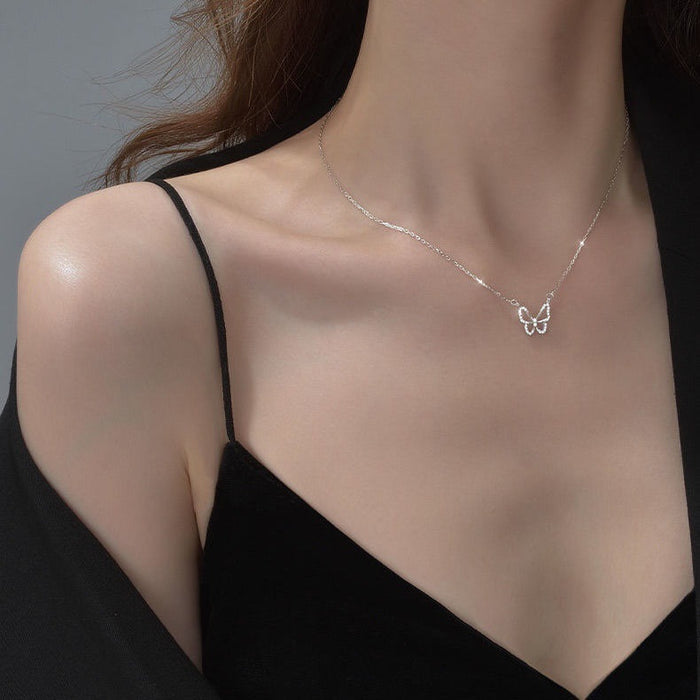 Wholesale Hollow out butterfly studded diamond necklace, elegant collarbone chain, niche design, minimalist forest style necklace