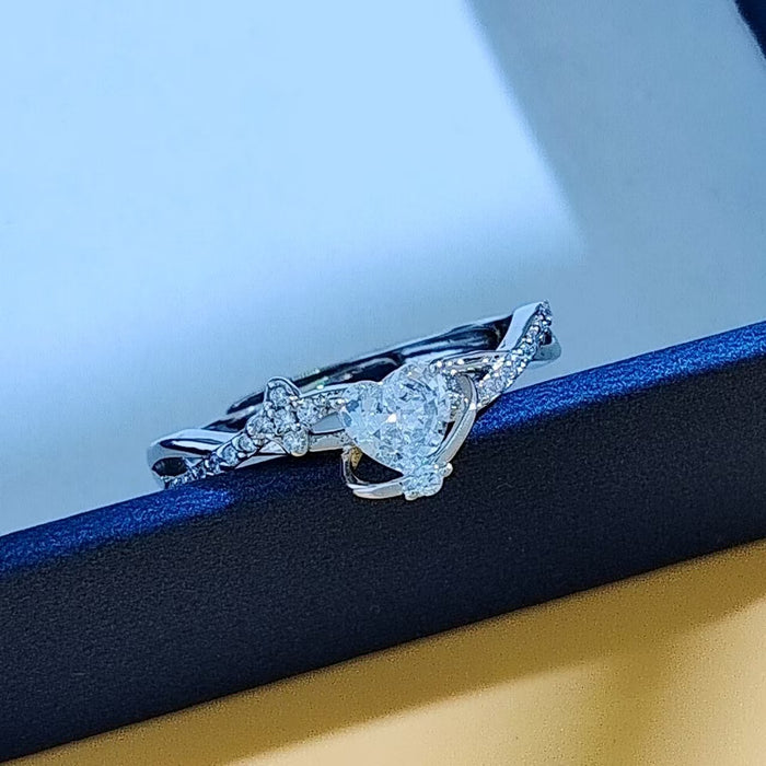 Wholesale Pink heart-shaped zircon open ring, light luxury sweetheart amethyst ring