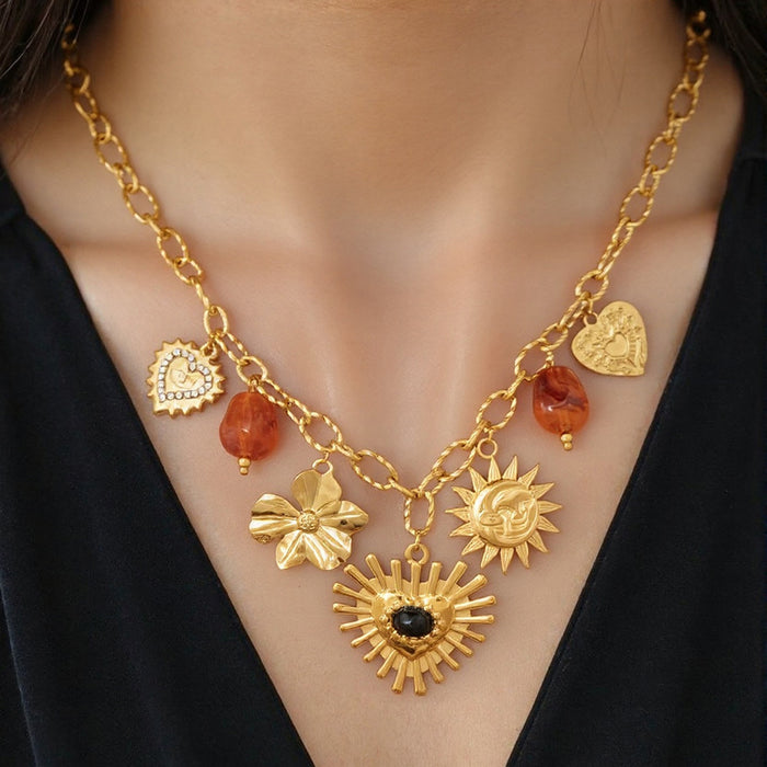 Wholesale Stainless steel necklace exaggerated love big sun resin inlaid natural stone pendant waterproof clavicle chain