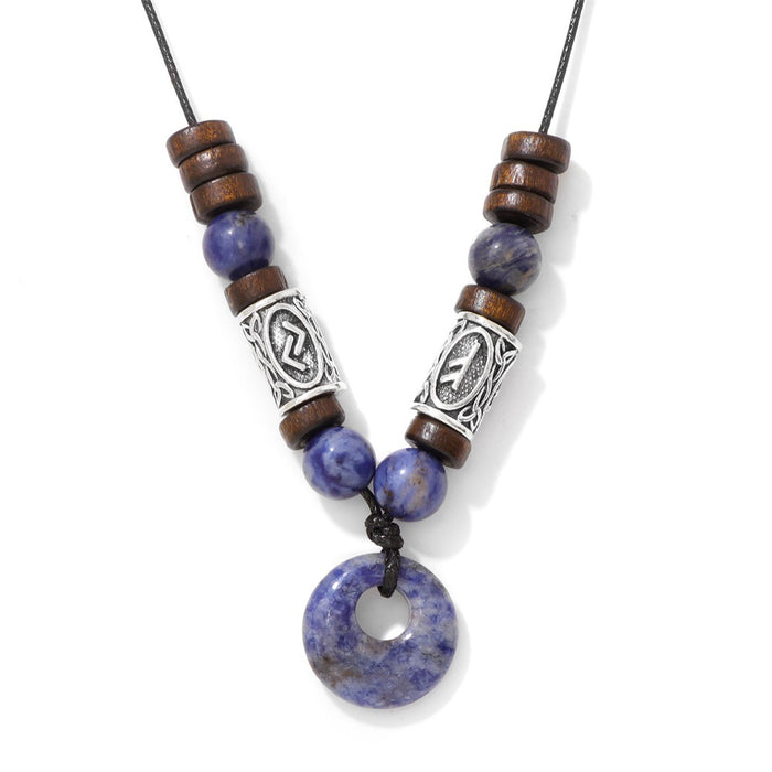Wholesale Viking symbol necklace with stone pendant safety clasp and wooden beads