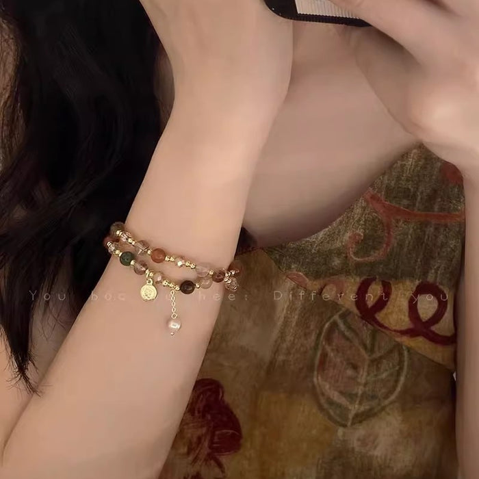 Wholesale Double layered crystal pearl bead bracelet with light luxury and high-end feel, layered bracelet, niche jewelry