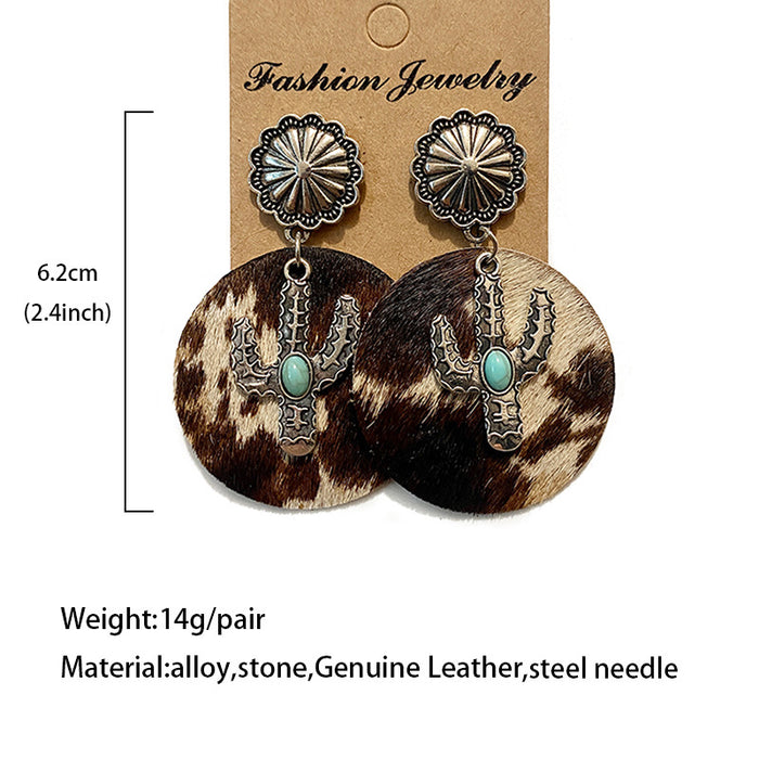 Wholesale Western retro leather earrings Bohemian horse hair leather earrings cactus