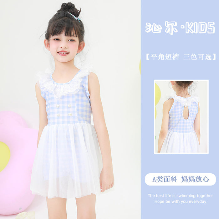 Wholesale Children's swimsuit plaid skirt style dress polyester swimsuit wholesale