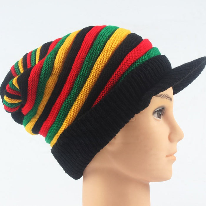 Wholesale Beanie Hat with Brim Colorful Stripes Long Rainbow Acrylic Knitted Beanie Hat JDC-FH-LvH017