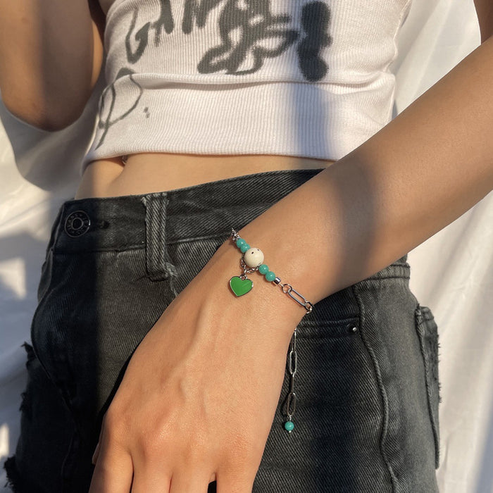 Wholesale Heart-shaped beaded stainless steel gold chain bracelet