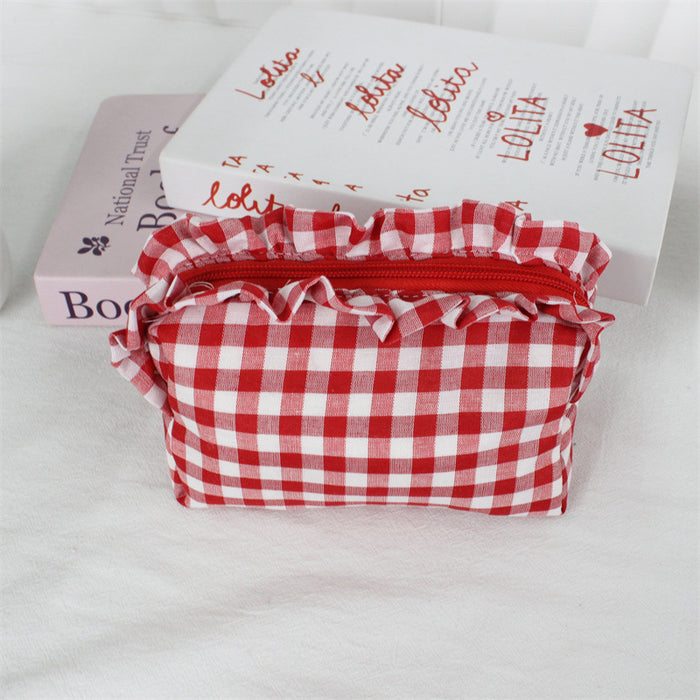 Wholesale Trendy Black Plaid Pleated Lace Pencil Case Large Capacity Student Stationery Pouch Boutique Gift