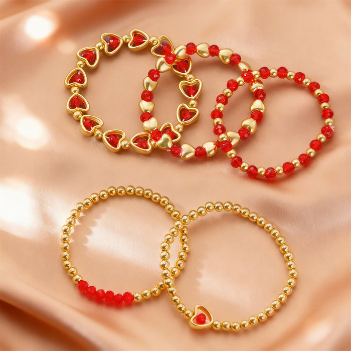 Wholesale Five-piece red heart-shaped crystal bead bracelet set for Valentine' s Day.