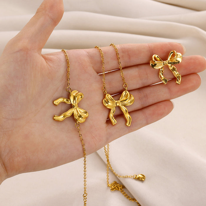 Wholesale 18K Stainless Steel Bow suit Bow Bracelet Earrings Necklace Jewelry