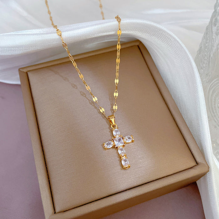 Wholesale Titanium Steel Micro-inlaid Light Luxury Zircon Cross Necklace JDC-NE-LG043