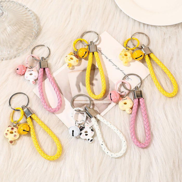 Wholesale Cute Cat Keychain With Resin Donut And Bell Pink Leather Rope Bag Charm And Car Key Accessory