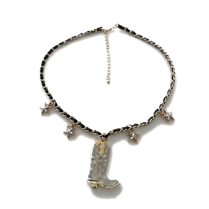 Wholesale Western Denim Style Personalized Alloy Ancient Silver Boots Pendant Necklace