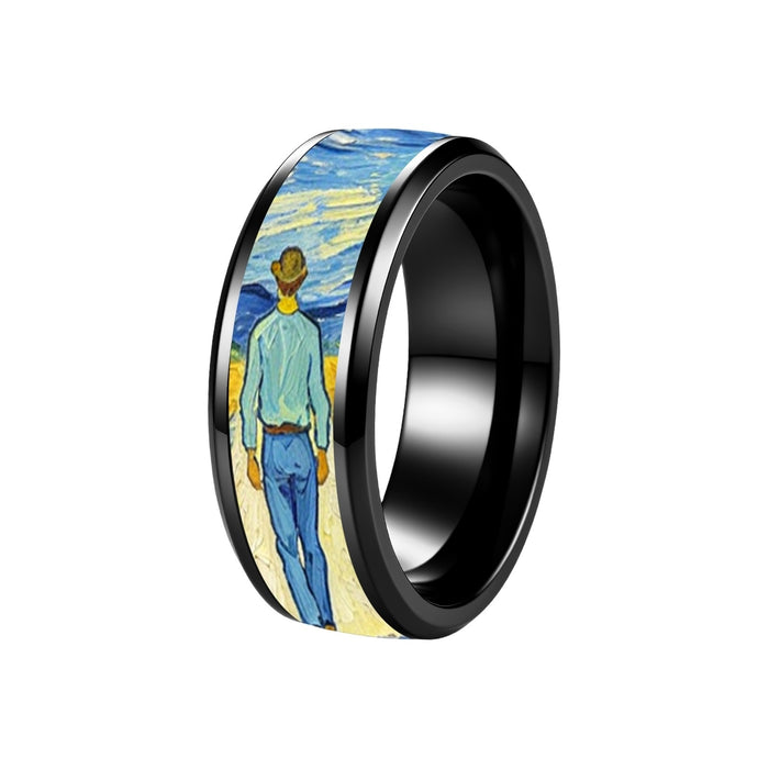 Wholesale Vintage Oil Painting Transfer Stainless Steel Ring Fashion Jewelry Accessory