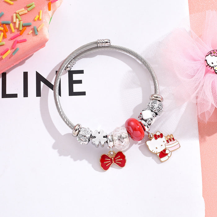 Wholesale Cartoon Stainless Steel Silver Bracelet Bow Pendant Beaded Charms Bracelet