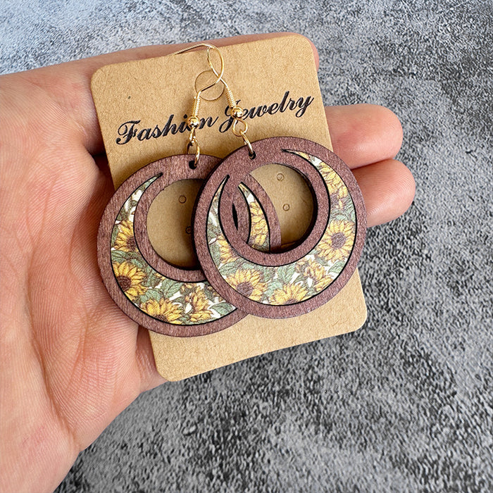 Wholesale Flower Wooden Earrings Sunflower Double Ring Inlaid Earrings Mother Gift