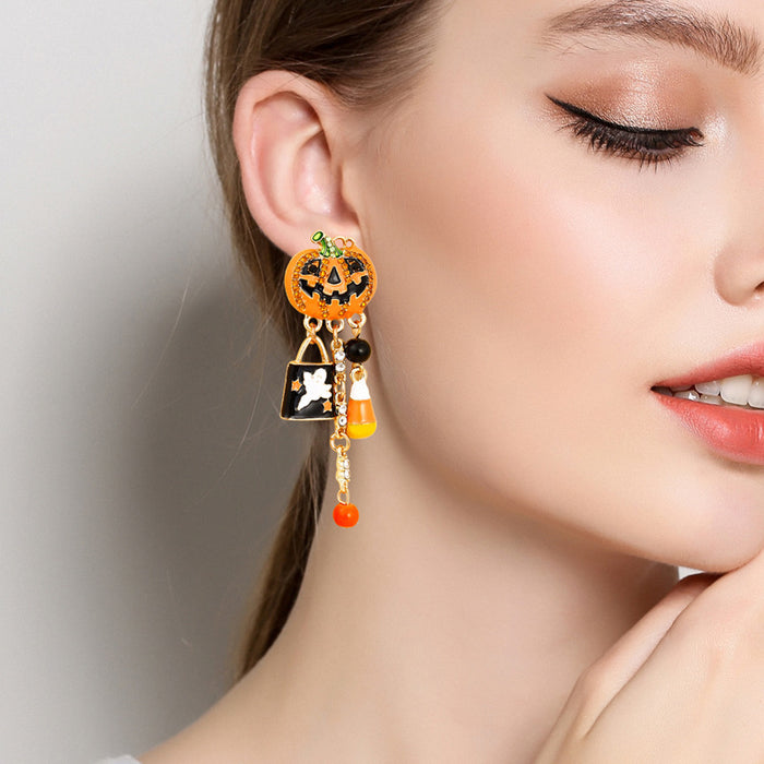 Wholesale Halloween New Drip Oil and Diamond Pumpkin Head Zinc Alloy Earrings JDC-ES-JiCai001