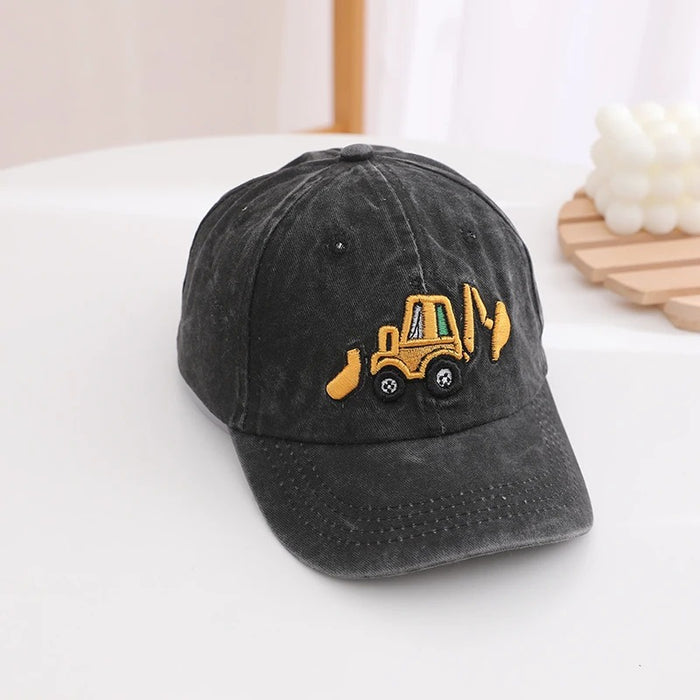 Wholesale Retro Cartoon Excavator Print Washed Cotton Baseball Cap Adjustable Sun Hat For Summer Casual Gift