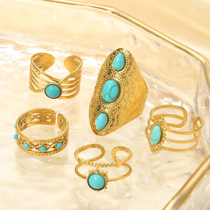 Wholesale stainless steel gold-colored turquoise adjustable ring