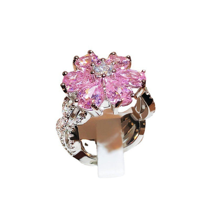 Wholesale Cross-border hot sale fashion light luxury pink heart-shaped zircon ring female sweet super shiny pink diamond flower ring bracelet