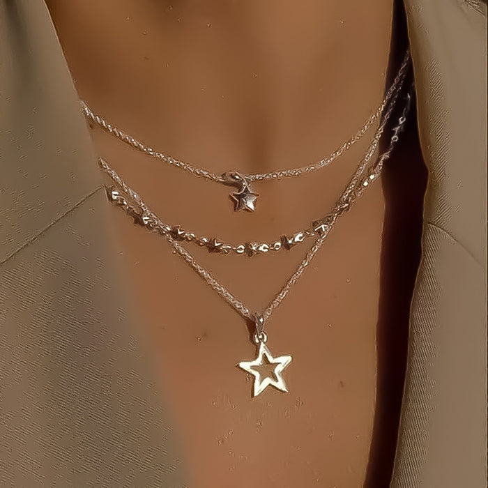 Wholesale hollow five-pointed star pendant necklace  multi-layered clavicle chain for women
