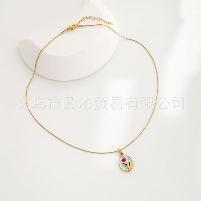 Wholesale Oil Painting Flower Pendant Earrings Necklace Set Versatile Stainless Steel Oil Dripping Double Layer Clavicle Chain