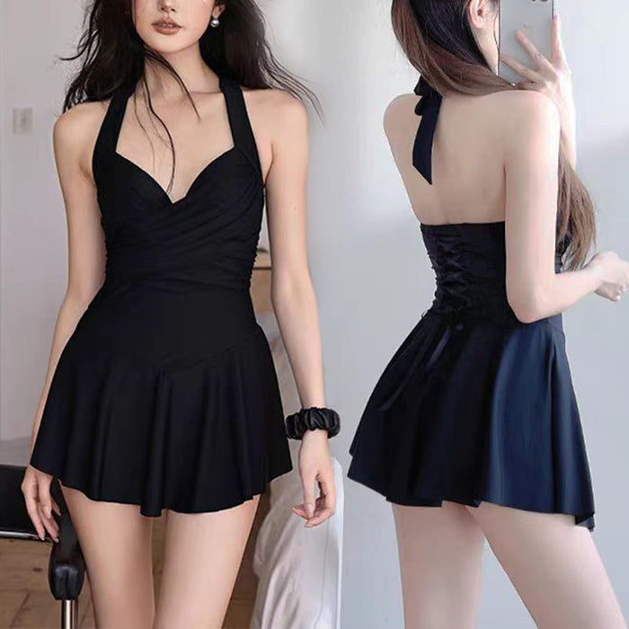 Wholesale Swimsuit women's one-piece solid color new steel support gathered to cover the meat show thin small black skirt hot spring swimsuit professional