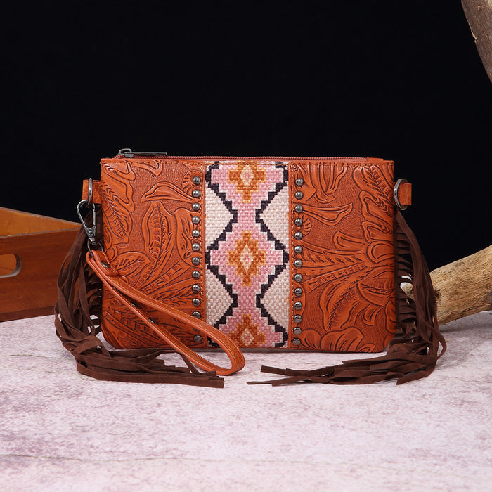 Wholesale Vintage Cotton and Linen Print Western Bohemian Leather Carving Hand Wallet Crossbody Women' s Bag