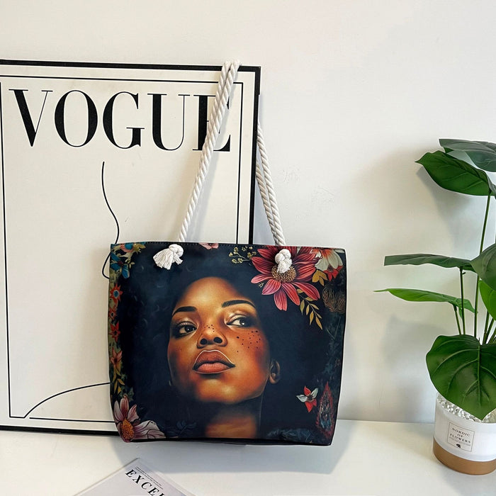 Wholesale Outdoor practical versatile retro canvas bag cartoon print portable beach bag large capacity