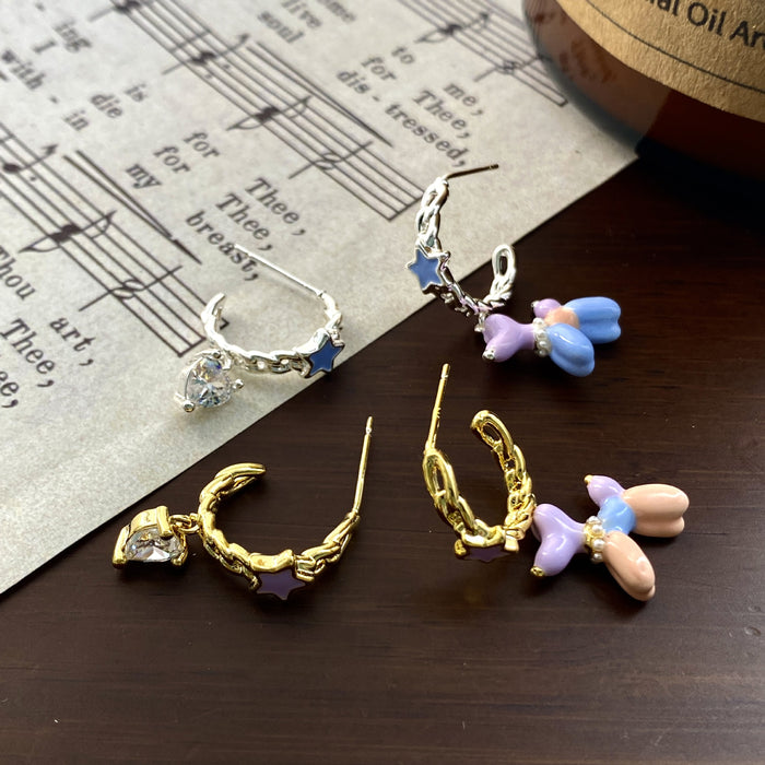 Wholesale Cute Drip Oil Balloon Dog Earrings, Small and Asymmetric Design, Love Zircon Star Earrings, Ear Accessories