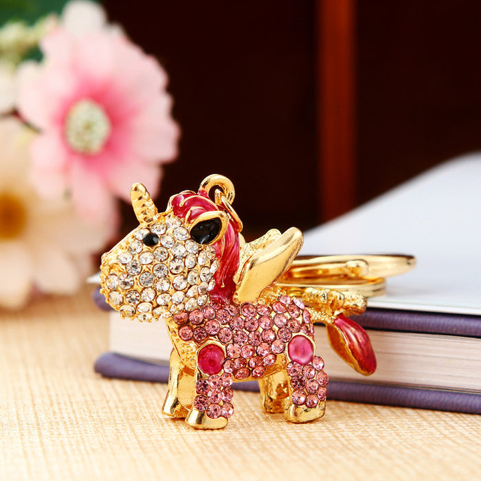 Wholesale Cartoon Unicorn Diamond studded Car Keychain Pendant Metal Keychain Ring