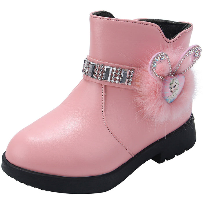 Wholesale A Pair/ Girls' Cotton Boots Mid-range Children's Fashionable Rabbit Ear Rhinestone Warm Shoes JDC-KS-SB004