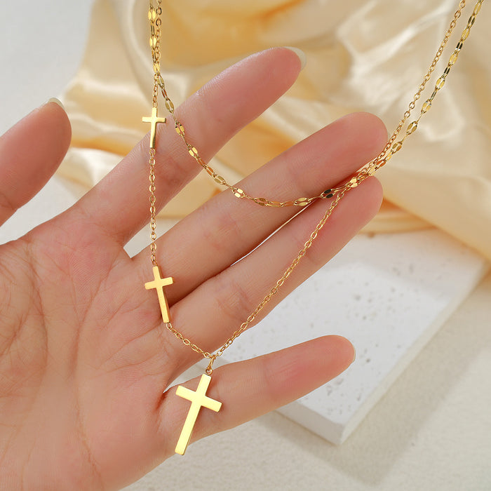 Wholesale Elegant Cross Necklace Stainless Steel 18K Gold Plated Double Layer Chain Trendy Layering Jewelry Accessory For Women Party Gift Boutique