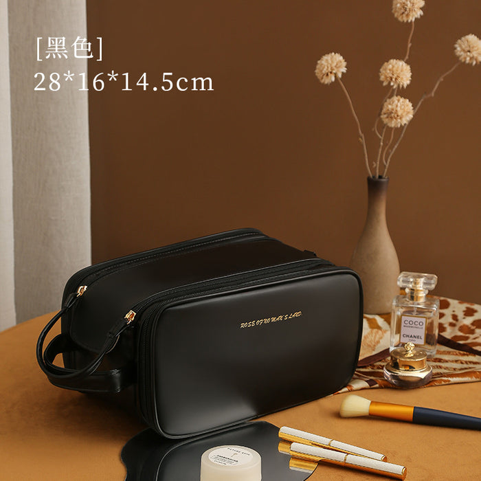 Wholesale PU Leather Large Capacity Double Zipper Cosmetic Bag Modern Minimalist Chic Travel Makeup Organizer