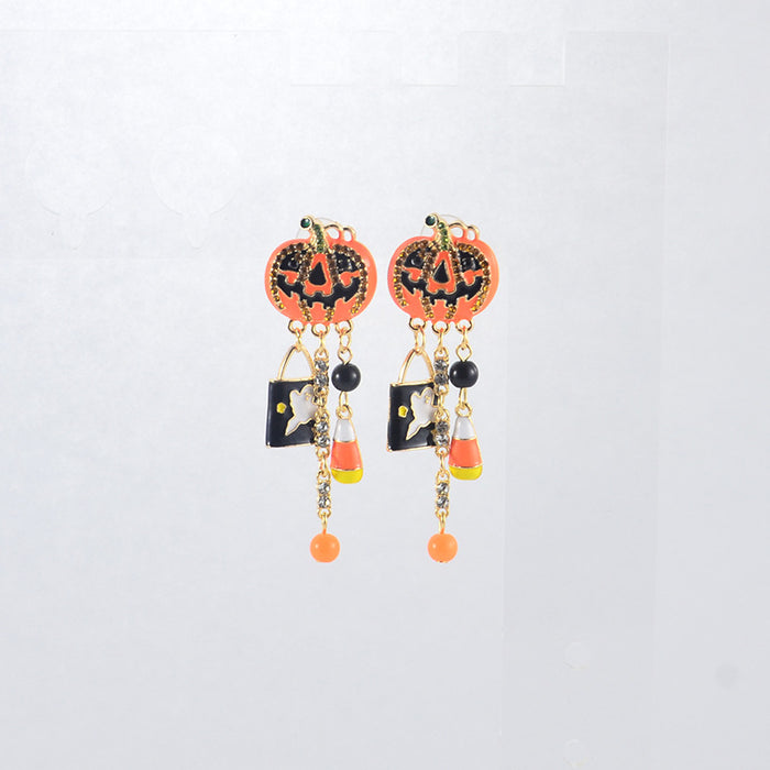 Wholesale Electroplated Zinc Alloy  Earrings Pumpkin Skull Ghost Face Tassel Zircon For Boutique Resale