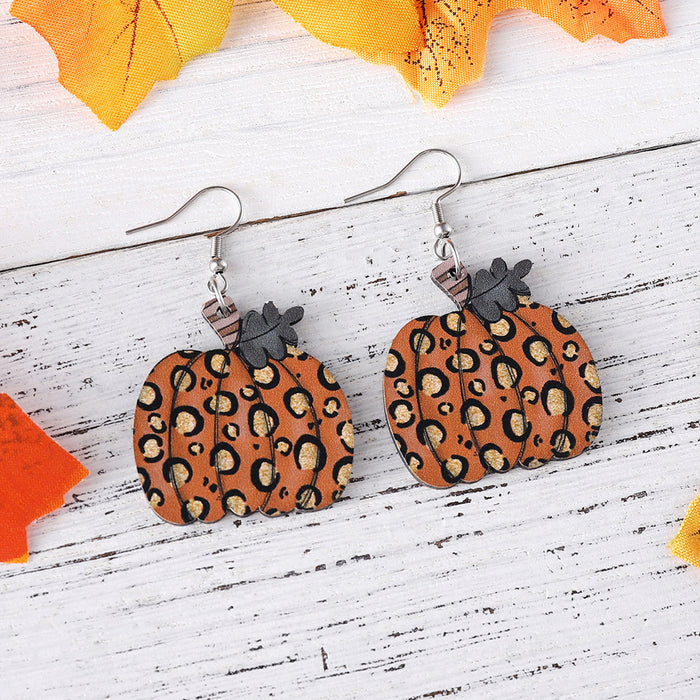 Wholesale Thanksgiving Autumn Harvest Leopard Print Pumpkin Pendant Earrings Wooden Double-Sided Earrings