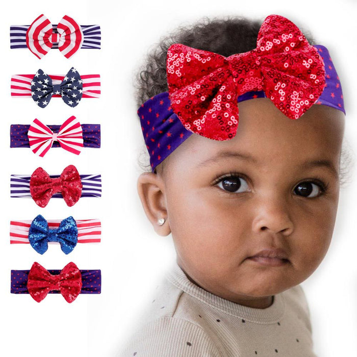 Wholesale 50PCS American Independence Day Baby Print Sequin Bow Wide Border Fabric Headband JDC-HD-XiuG001