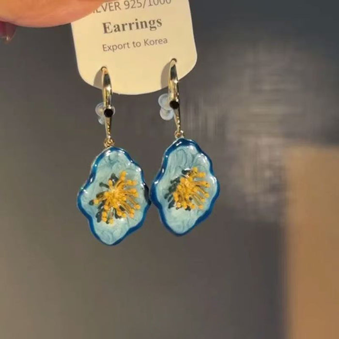 Wholesale Retro irregular blue flower earrings with oil painting feeling, floral bud high-end feeling, earrings for women